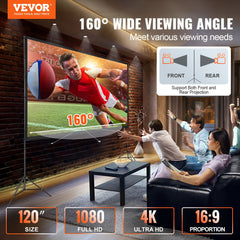 Projector Screen With Stand, 120 Inch 16:9 4K 1080 HD Outdoor Movie Screen With Stand, Wrinkle-Free Projection Screen With Tripods And Carry Bag, For Home Theater Cinema Backyard Movie Night