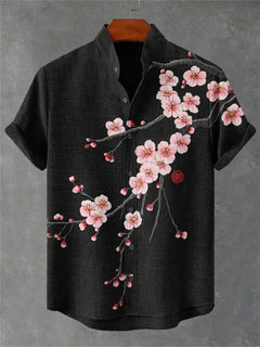 Men's Summer Casual Short Sleeve Linen Shirt Fashionable Stand-up Collar Japanese Retro Samurai Cat Printed Cardigan