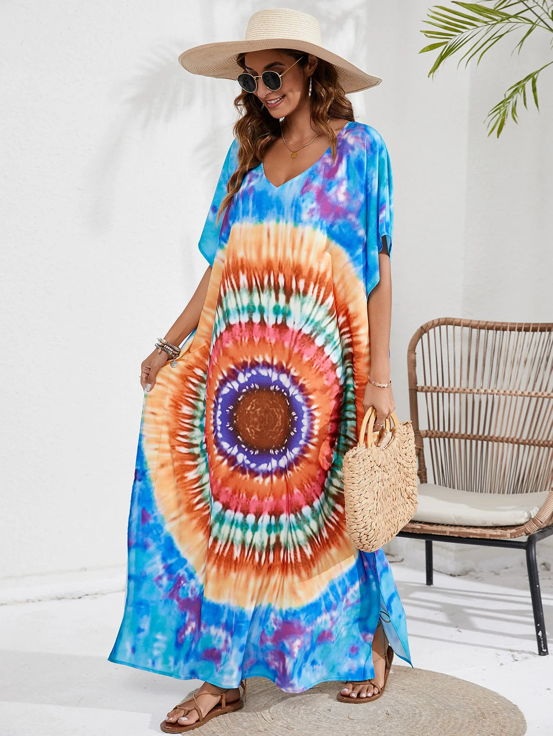Kaftan Dresses for Women Plus Size Tie Dye Batwing Sleeve Caftans Swimsuit Coverup Maxi Dress Loungewear