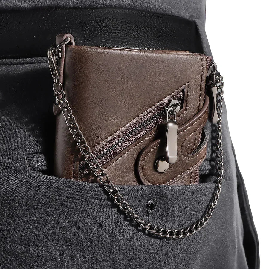 Vintage Leather Chain Wallet with RFID Protection