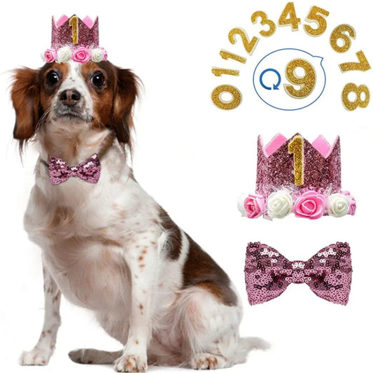 Pet Birthday Crown Hat and Bow Tie Set