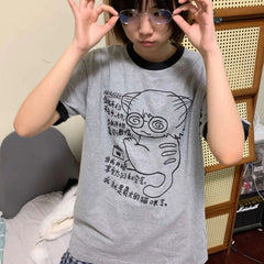 I Am A Cat Letter Print Summer Tops Women Vintage Kawaii Tshirt Simple Harajuku T-shirts Y2k Aesthetic Casual Gray Cute Tees