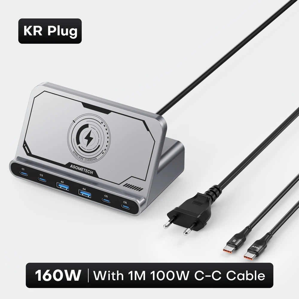 160W 7in 1 USB C Fast Charging Station PD3.0 QC3.0 With Wireless Charging Station Stand For iPhone 15 iPad Samsung Tablet Laptop