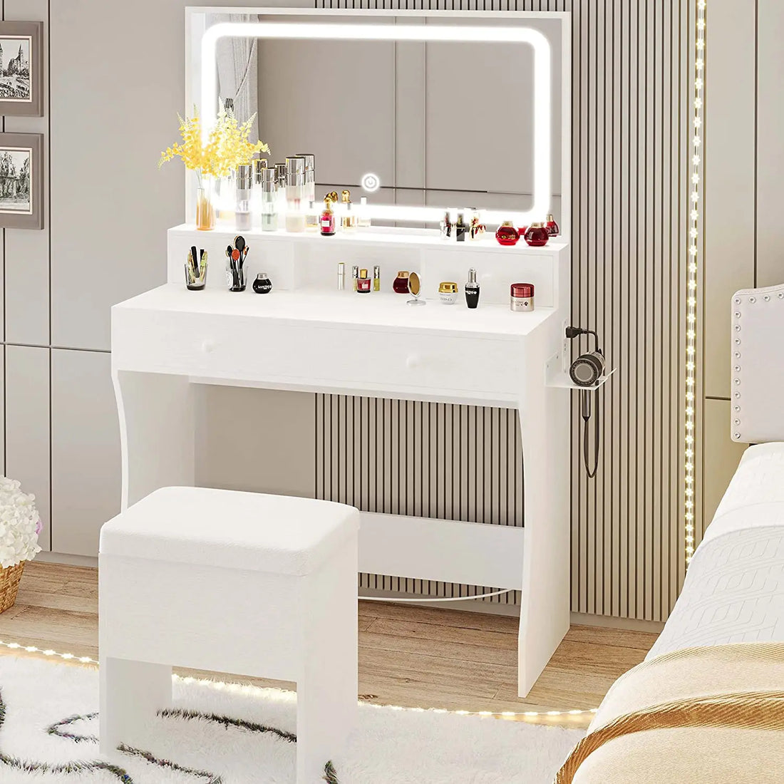 LED lighted makeup vanity desk with mirror and stool