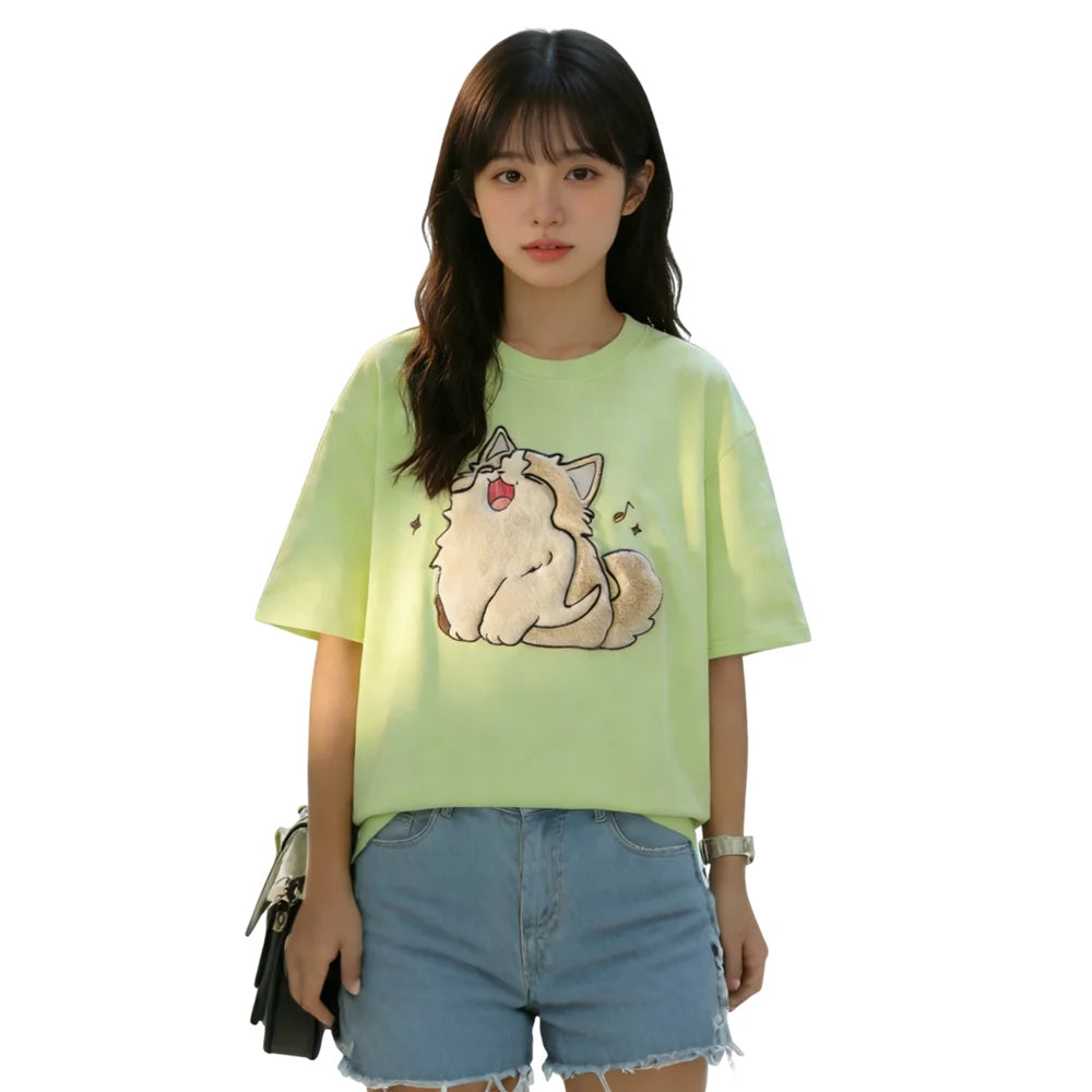 Women's Cute Cat Embroidered Short Sleeve T-Shirt