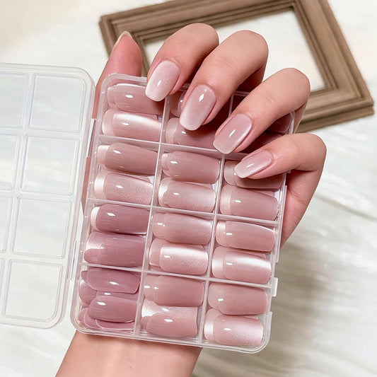 144Pcs Pink Cat Eye Press On Nails Short Square Glitter Pink Acrylic Fake Nail Tips Full Cover Wearable Women False Nails Patch#