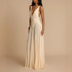 Chic Sexy Deep V Neck Hollow Boho Dress Woman Spring Patchwork Lace Sling Long Dress Summer Sleeveless Backless Loose Maxi Dress