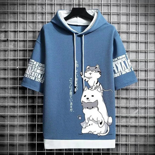 Men's Cat Print Short Sleeve Hoodie