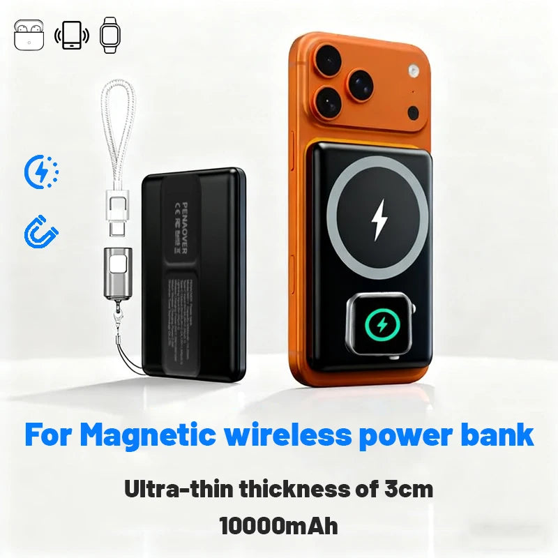 25W Power Bank 10000mAh, 3-in-1 Magnetic Wireless Charger for iPhone 17/16/15/14/13/12 & Apple Watch & AirPods, Ultra Slim