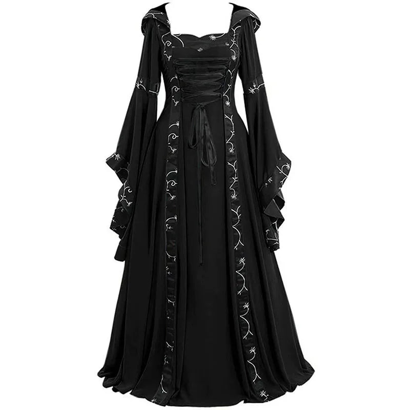 Vintage Medieval Maxi Dress for Women Gothic Bandage Flare Sleeve Floor Length Dress Lady Elegant High Waist Square Neck Dresses