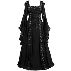 Vintage Medieval Maxi Dress for Women Gothic Bandage Flare Sleeve Floor Length Dress Lady Elegant High Waist Square Neck Dresses