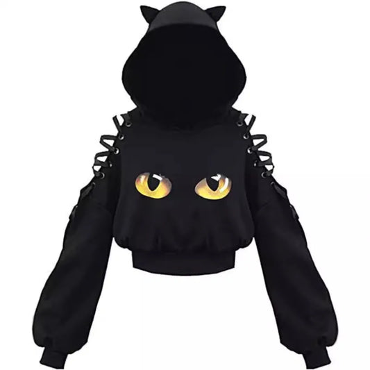Gothic Cat Ear Crop Top Hoodie