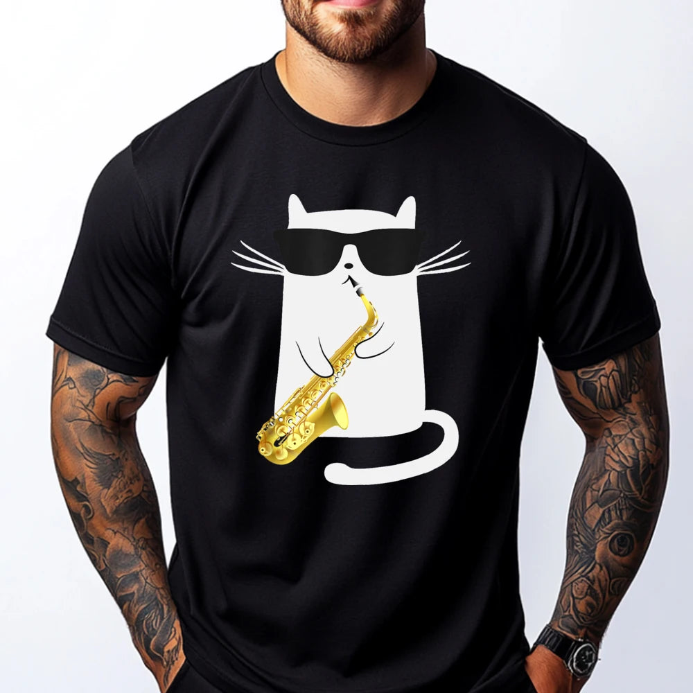 Cat Playing Saxophone Graphic T-Shirt
