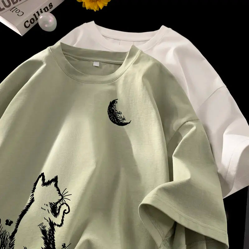 Oversized Cat Moon Print Men's T-Shirt