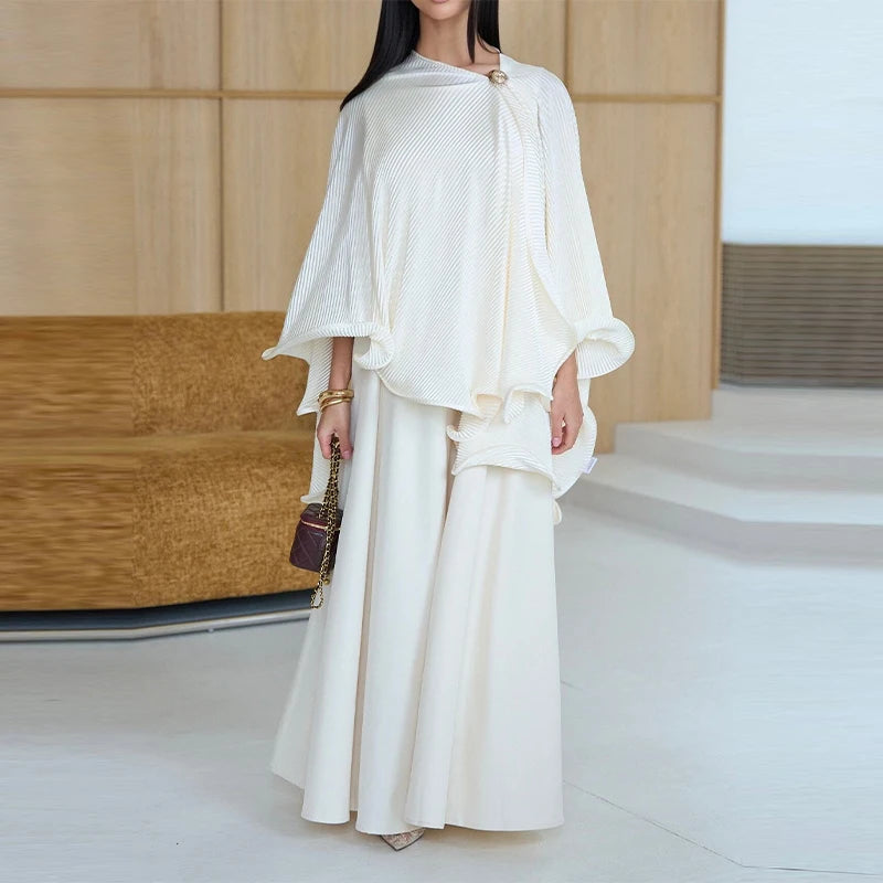 2026 women's Minimalist Cream Two Piece Set Puff Sleeve Blouse Sleeveless Flared Maxi Dress Modest Casual Workwear Daily Outfit