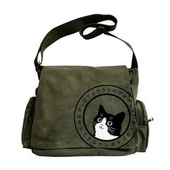 Multiple Pockets Women's Lovely Cat Print Shoulder Messenger Bag Retro Canvas Tote Crossbody Bag Unisex