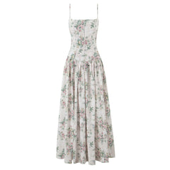 Vintage Boho Floral Printed Maxi Dress Beige Ruffles Bodycon Strappy Backless Women Dresses Sexy Vocation Ladies Vestidos New
