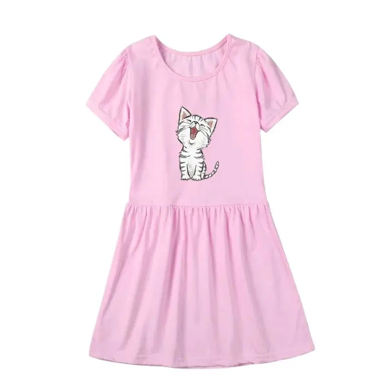 Girls Cute Cat Print Pink Dress