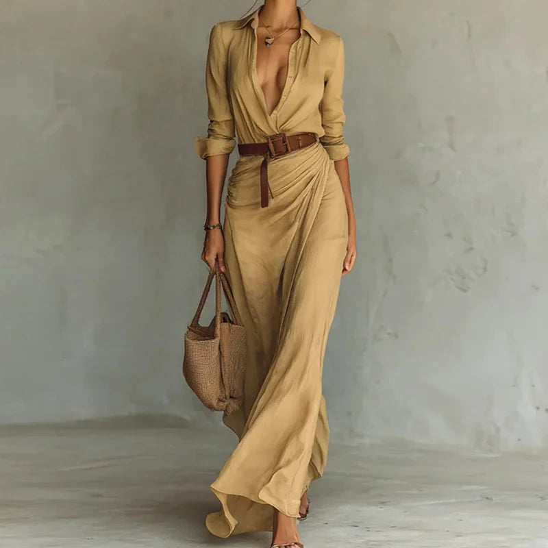 Lapel Solid Patchwork Chic Party Dress, Women Autumn Casual Long Sleeve Simple Maxi Dress, 2025 Elegant Fashion Ladies Dresses
