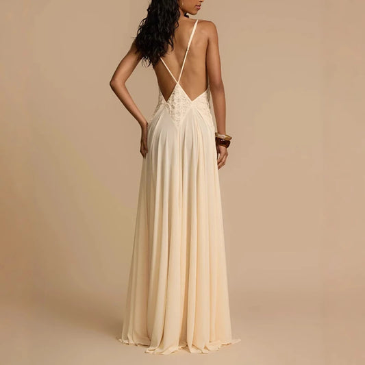Chic Sexy Deep V Neck Hollow Boho Dress Woman Spring Patchwork Lace Sling Long Dress Summer Sleeveless Backless Loose Maxi Dress