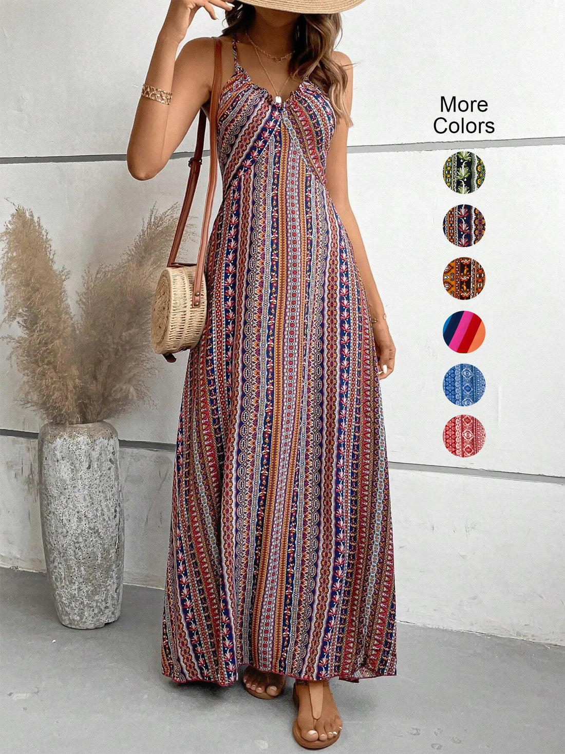 Boho Pattern Backless Split Maxi Dress