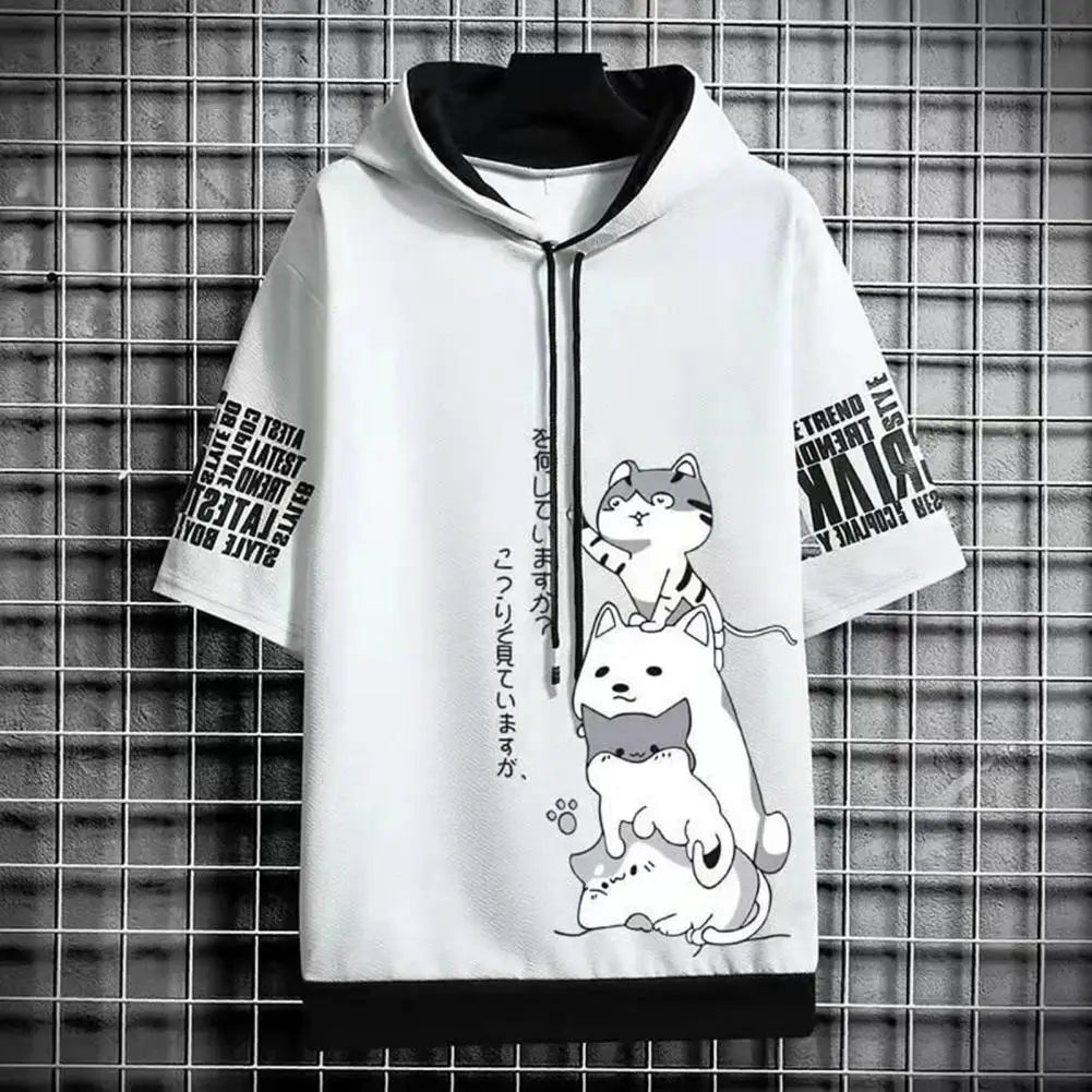 Men's Cat Print Short Sleeve Hoodie