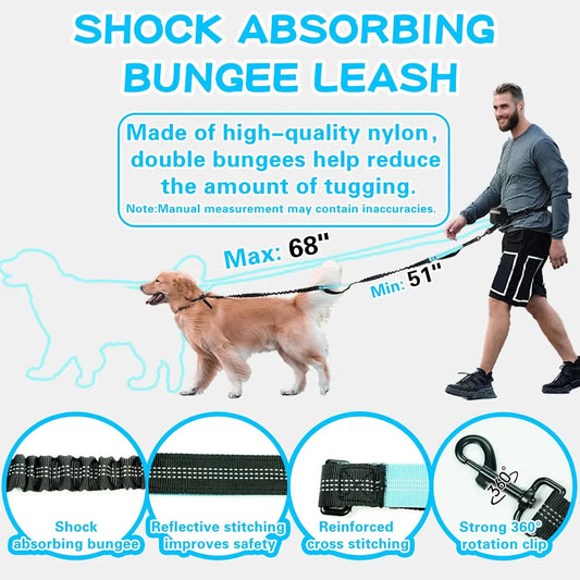 Free Dog Leash with Zipper Pouch, Dual Padded Handles Running Leash for Medium and Large Dog, Retractable Bungee Waist Dog Leash