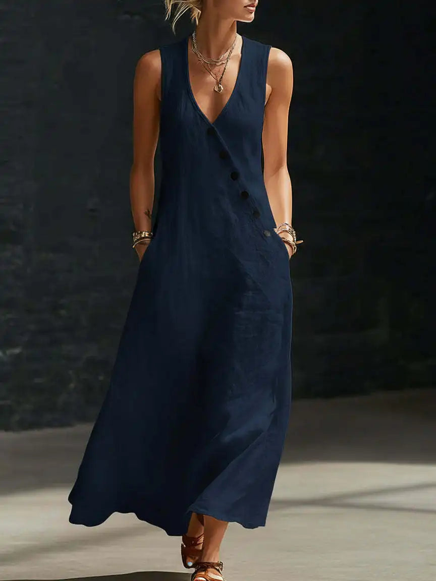 Casual Sleeveless Loose Maxi Dress Women Summer 2026 Fashion Solid Color V-neck Holliday Long Dresses Elegant