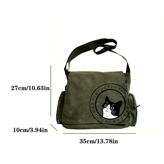 Multiple Pockets Women's Lovely Cat Print Shoulder Messenger Bag Retro Canvas Tote Crossbody Bag Unisex