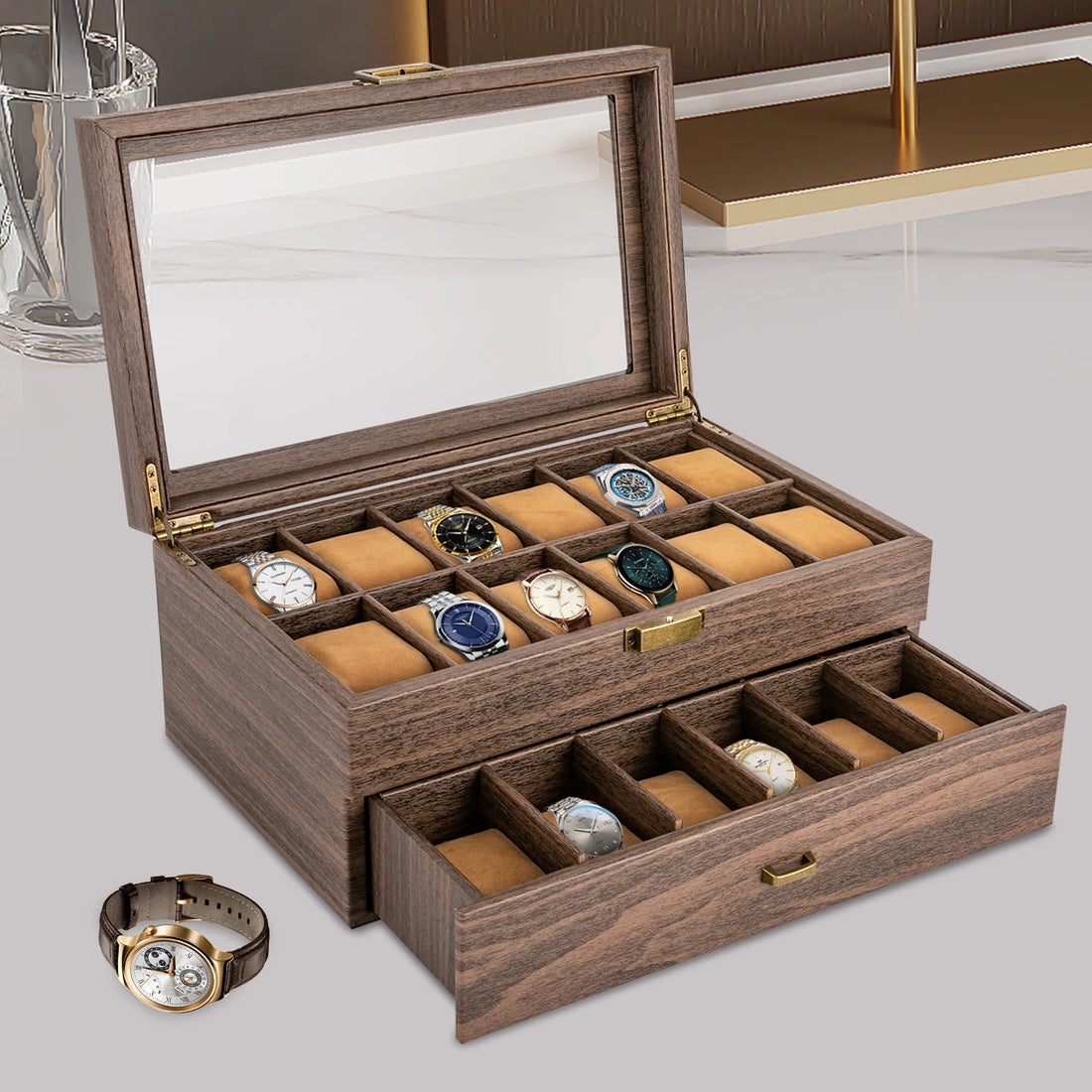 24-Slot Rustic Wood Watch Box