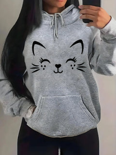 Women's Autumn Winter Hoodie Happy Cat Pattern Casual Street Wear Hip Hop Trendy Fashion Sweatshirt Sportswear