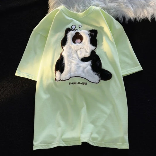 Sleeping Cat Embroidered T-Shirt