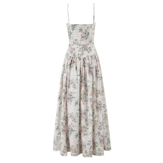 Vintage Boho Floral Printed Maxi Dress Beige Ruffles Bodycon Strappy Backless Women Dresses Sexy Vocation Ladies Vestidos New