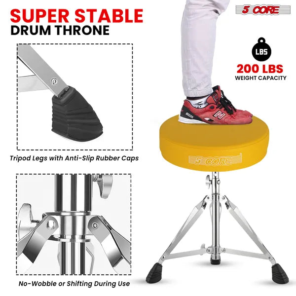 5 CORE Drum Throne Padded Guitar Stool Height Adjustable Music Chair Seat Universal For Adults & Kids With Anti Slip Rubber Feet - DS CH YLW