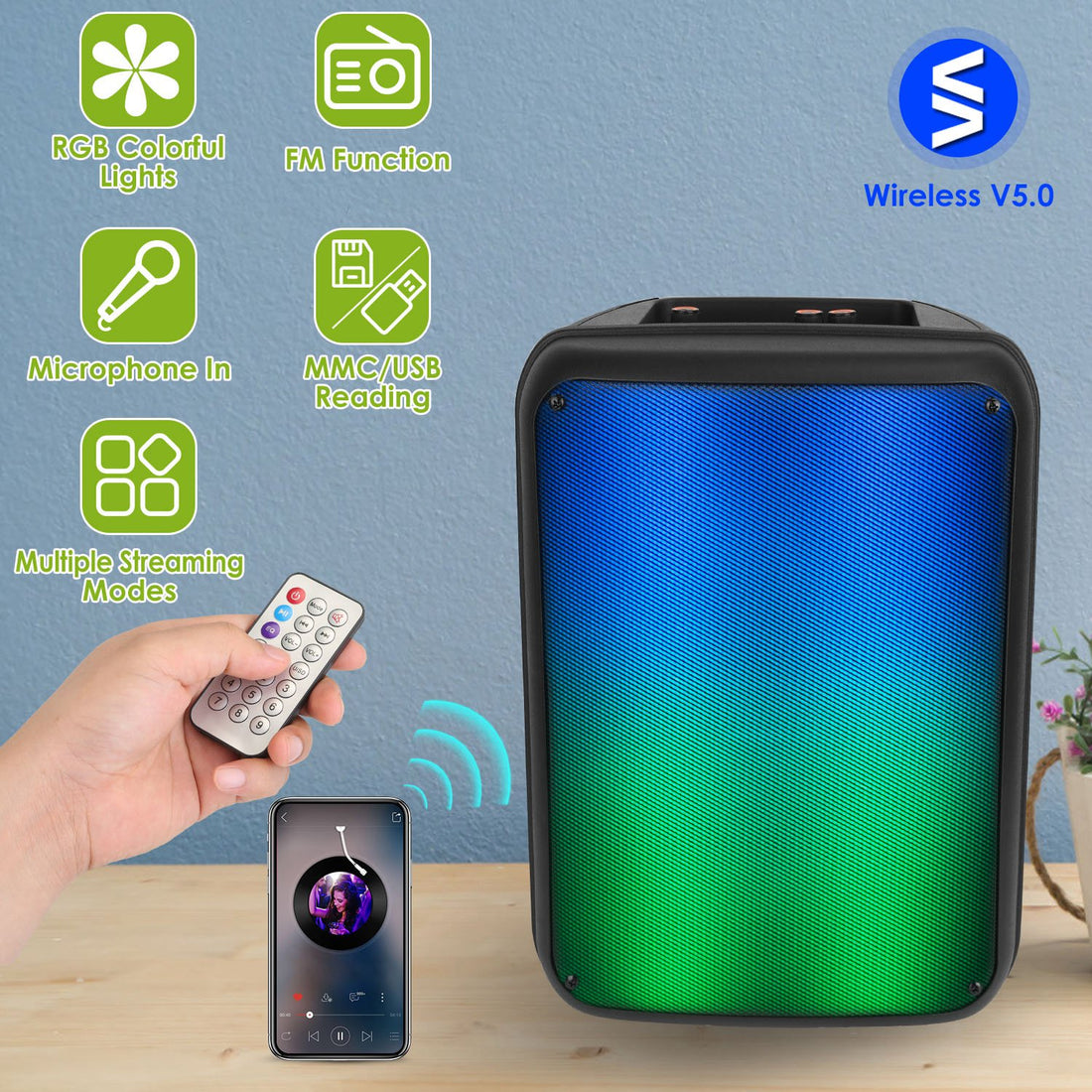 1Pc Portable Wireless Party Speaker 8in Colorful Lights DJ PA System With TWS Function FM Radio USB MMC Card Reading Aux In Recording Function Mic