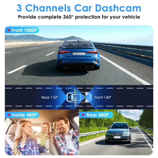 3 Channel Dash Cam For Cars, 1080P Full HD Front Camera (140° Wide View) With 480P Interior & Rear Cameras, 360° Vehicle Protection, Picture-in-Picture Display For Collision Evidence