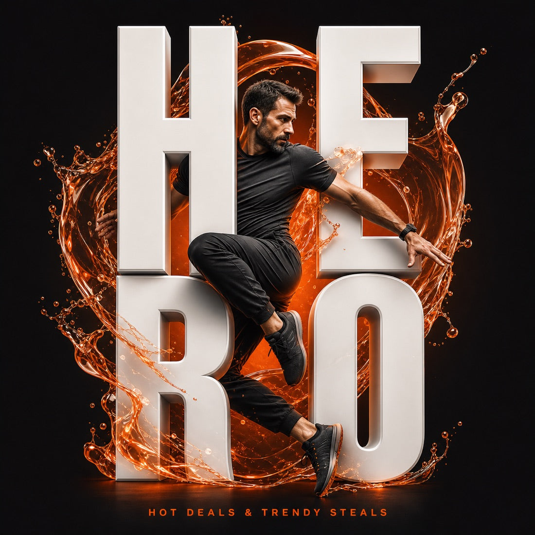 Father's Day HERO poster — a father figure fused with the word HERO in a flame-orange and charcoal palette