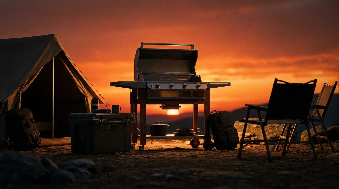 Backyard grill, tent and camp chairs at a fiery sunset