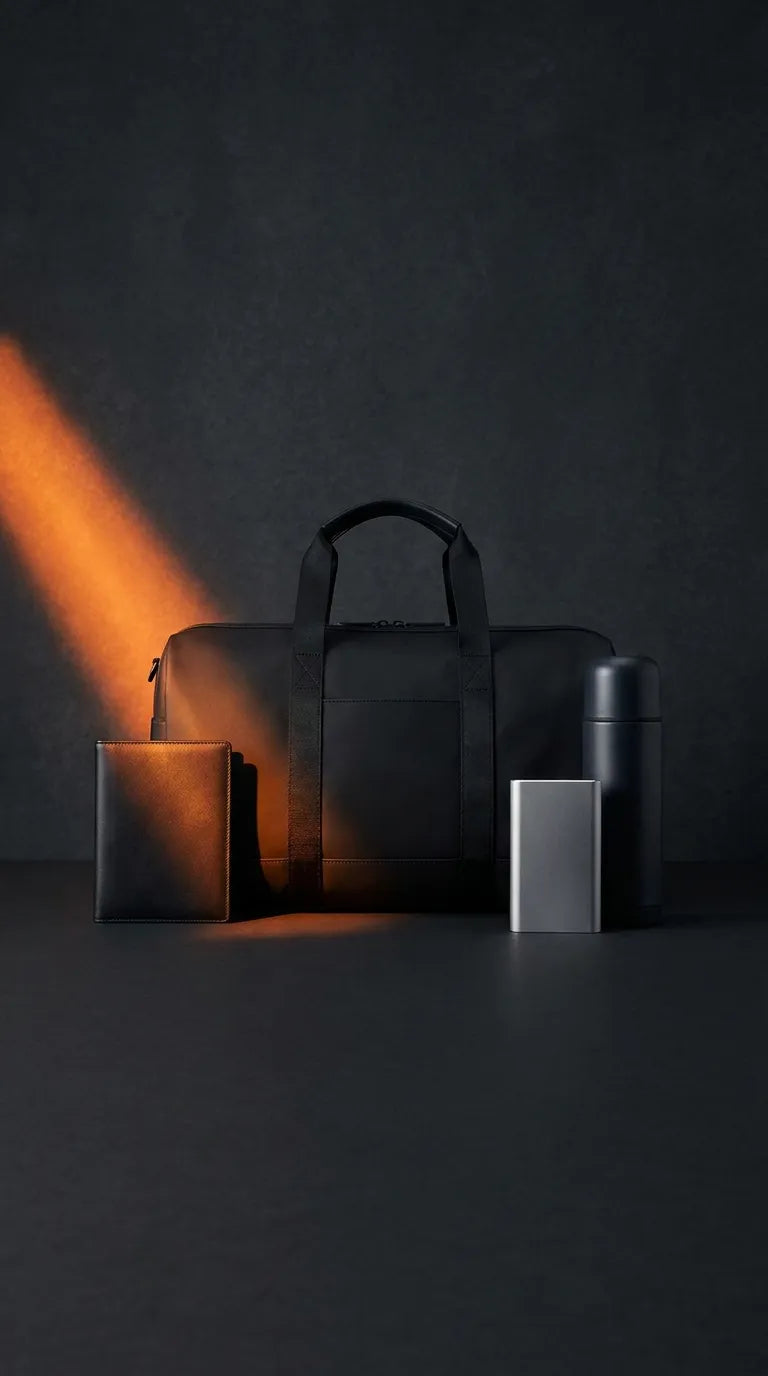 Travel essentials in a cinematic fiery setting