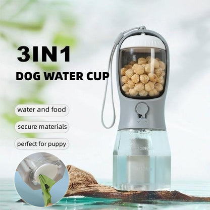 3-in-1 walk bottle — a portable dog water bottle with fold-out drinking bowl and waste-bag dispenser.