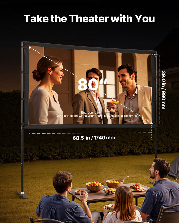 Projector Screen With 2 Stands 80 Inch 160° Wide Angle 4K HD 16:9 Movie Screen