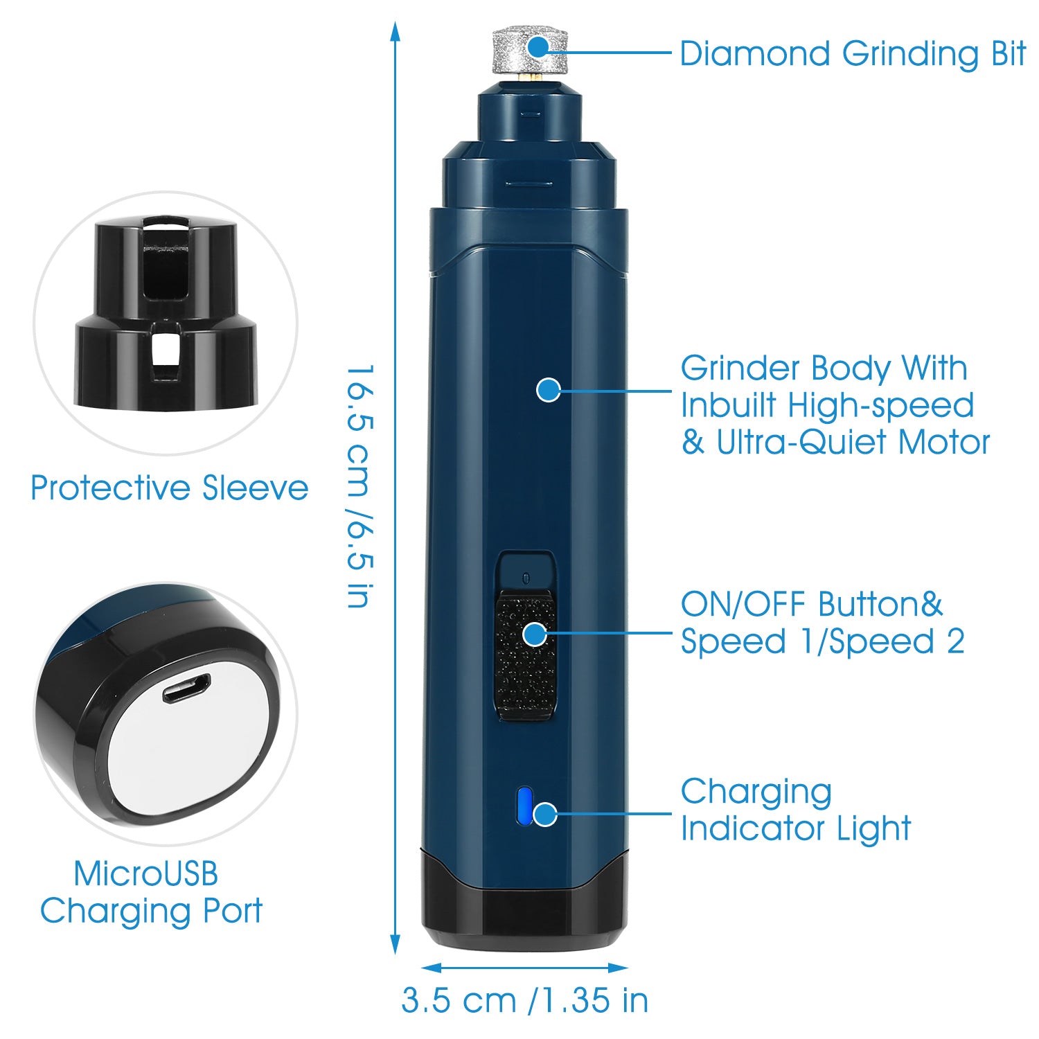 1Pc Dog Nail Grinder 2 Speeds Quiet USB Rechargeable Pet Nail Grinder Professional Pet Nail Trimmer Cordless Paws Grooming & Smoothing Claw Care For Small Medium Large Dogs & Cats