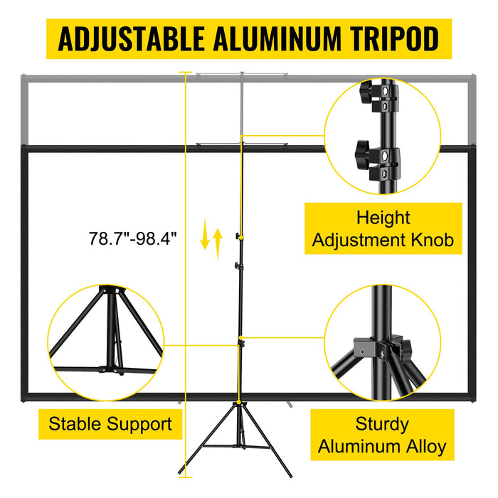 Tripod Projector Screen With Stand 90 Inch 16:9 4K HD Projection Screen Stand Wrinkle-Free Height Adjustable Portable Screen For Projector Indoor & Outdoor For Movie, Home Cinema, Gaming, Office