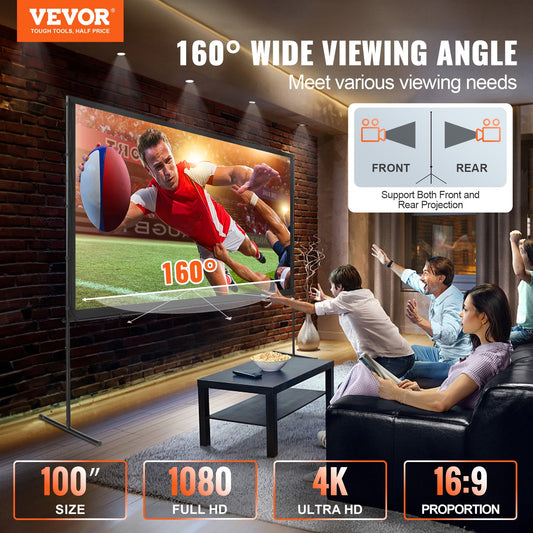 Projector Screen With Stand, 100 Inch 16:9 4K 1080 HD Outdoor Movie Screen With Stand, Wrinkle-Free Projection Screen With Bar Feet And Carry Bag, For Home Theater Cinema Backyard Movie Night