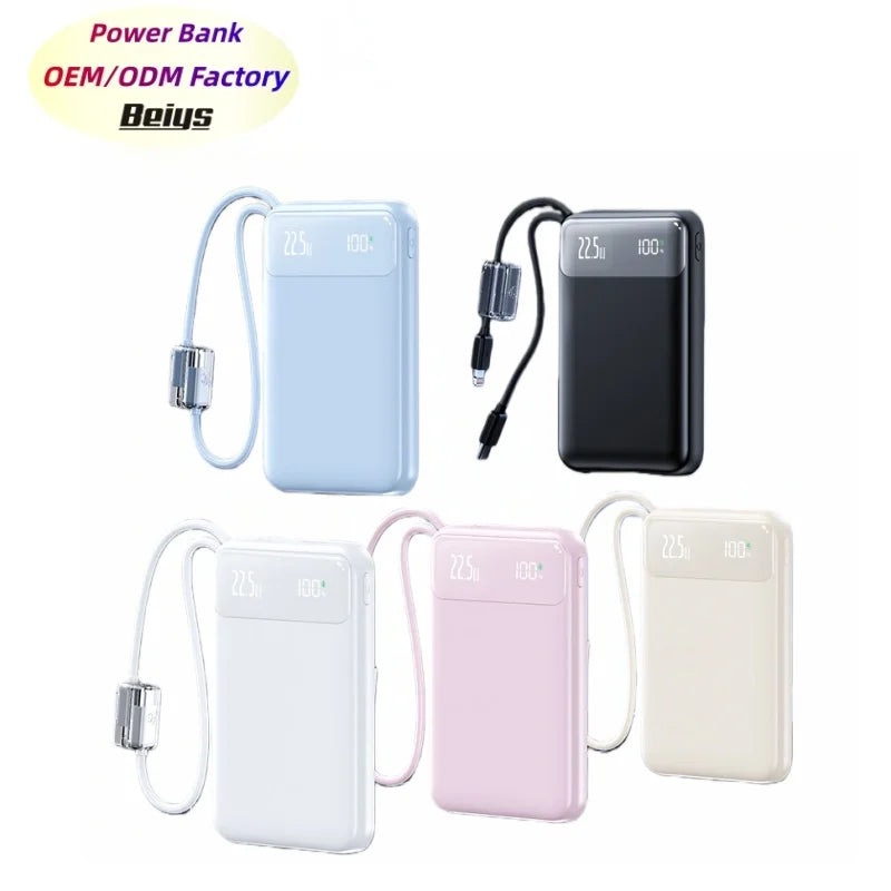 New Portable Built-in Cable Type C Power Station 22.5W Fast Charging PD 20W 10000mAh Lanyard LED Display Mobile Power Bank