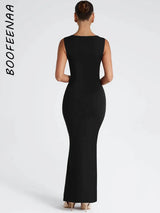 BOOFEENAA Square Neck Sleeveless Fishtail Maxi Dress Party Night Elegant Black Dresses Woman Luxury High Quality C70-CZ32