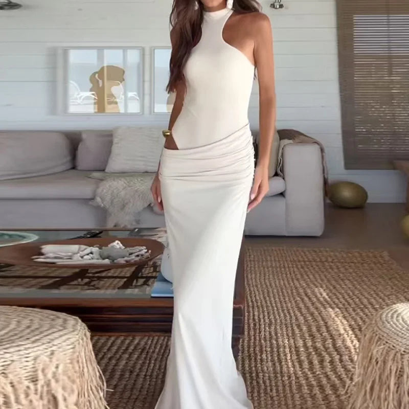 Sleeveless Holiday Patchwork Maxi Dress, Women Summer New O Neck Solid Chic Party Dress, Hollow Out Elegant Fashion Ladies Dress