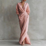 Women's Sexy V Neck Wrap Waist Long Dresses 2026 Spring Casual Solid Slim Bodycon Hips Dress Elegant Long Sleeve Slit Maxi Dress