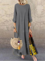 Women Vintage Harajuku Long Dress Bohemian Stitching Print 3/4 Sleeve O Neck Loose Oversized Maxi Dress Casual Elegant Robe