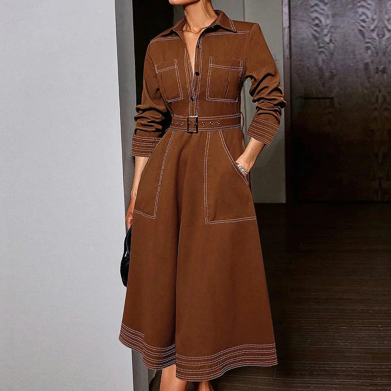 Krisstargirls 2025 Trendy Autumn Button Down Lapel Brown Shirt Maxi Dress Woman Spring Pockets Women A-line Long Dresses Belt
